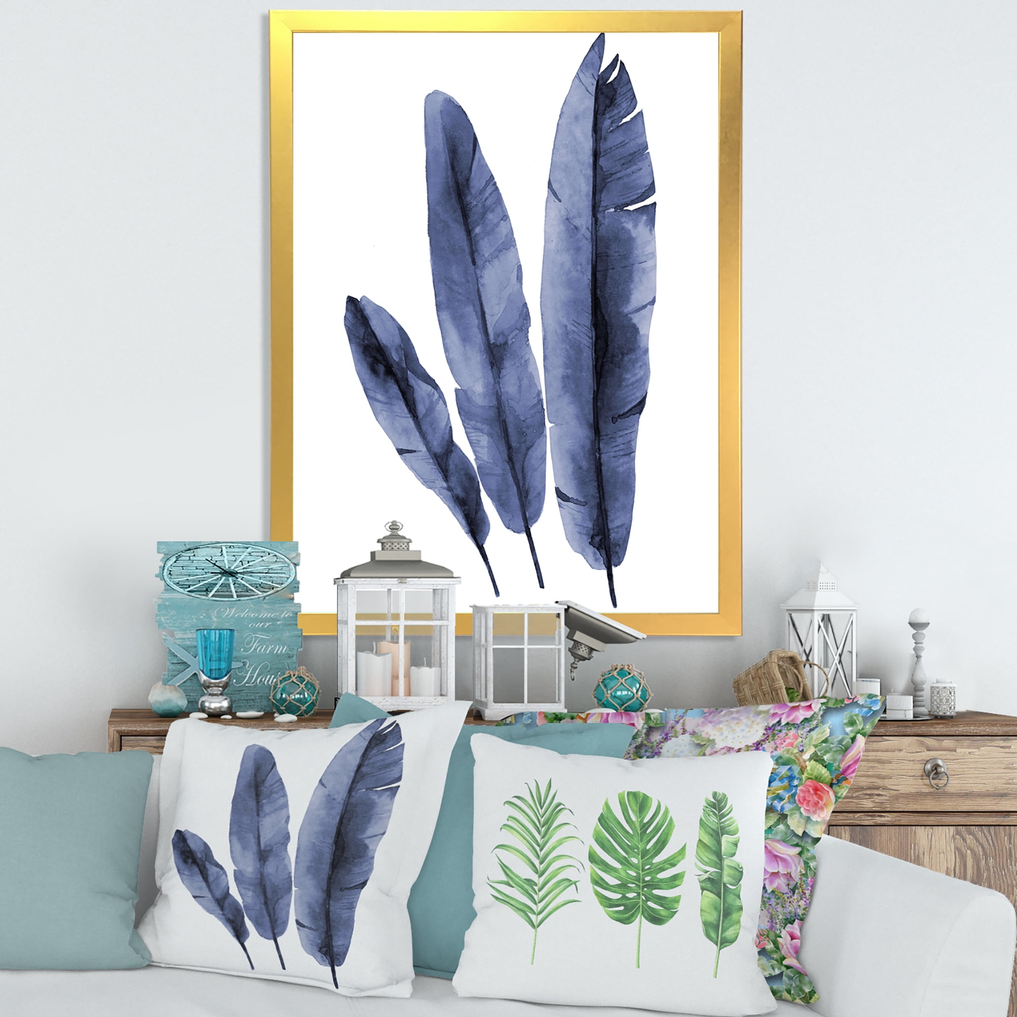 Designart 'Navy Blue Tropical Banana Leaves On White' Tropical Framed Art Print