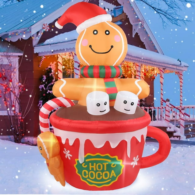 Kofero Inflables navideños Decoraciones al aire libre Hombre de jengibre de 6 pies en taza de cacao caliente Decoración de patio de Navidad con decoración inflable con luz LED para interiores y exteri