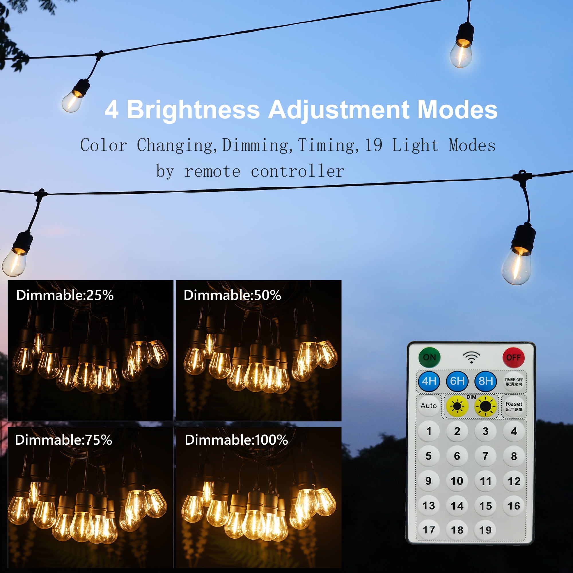 60FT Solar Powered LED Outdoor String Lights, 3 Color Changing hanging Patio Lights, for Backyard Garden Patio Pergola Gazebo Bistro Bedroom Christmas Wedding Party