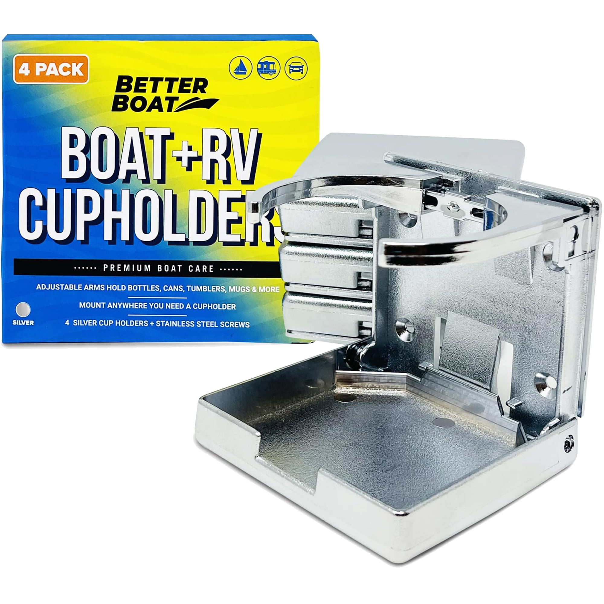 Better Boat Folding Boat Cup Holders, Set of 4, Wall Mount for Boats & RVs, Marine Grade Stainless Steel, Silver