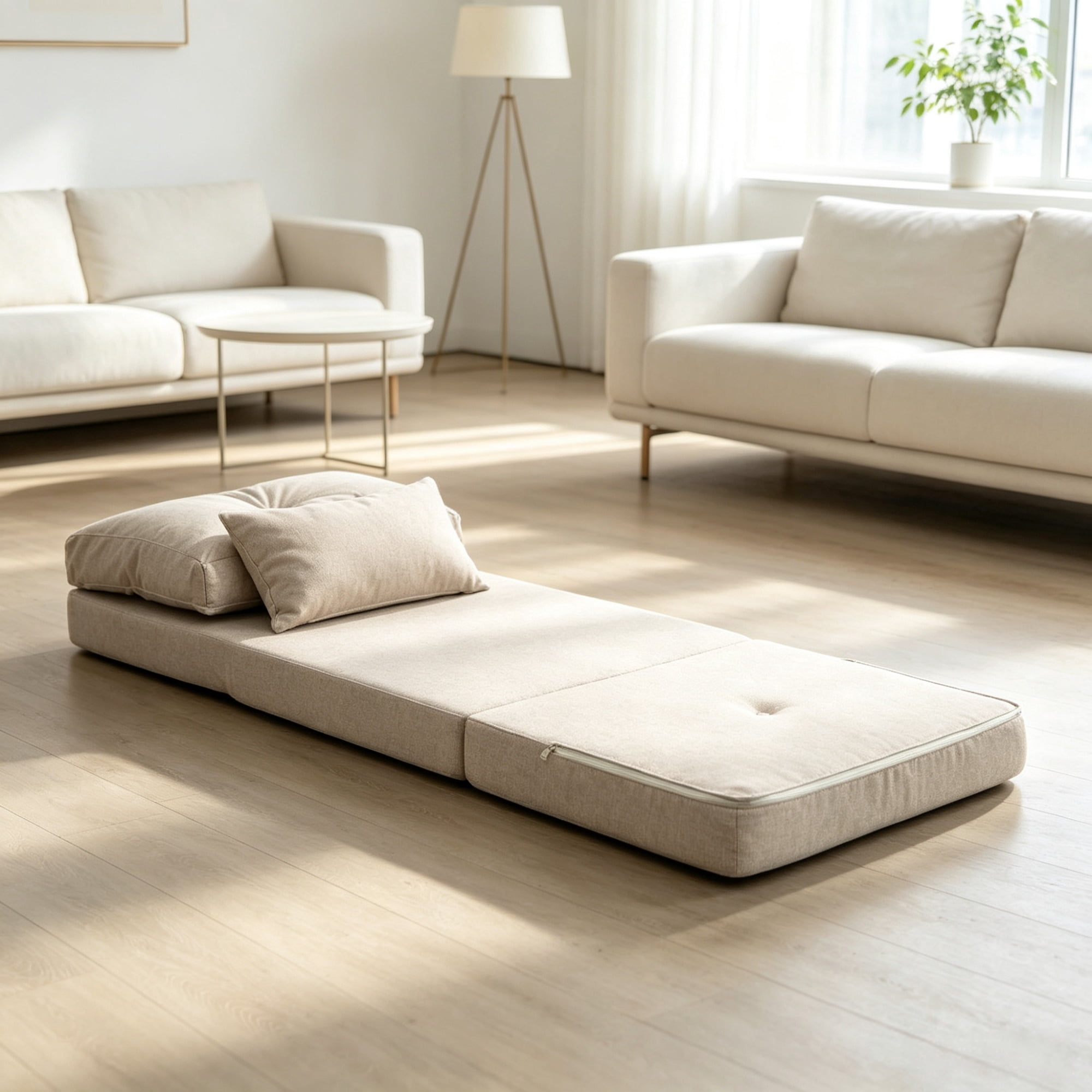Beige Convertible Floor Sofa Bed, No Assembly Required Folding Upholstered Couch, Adjustable Backrest Floor Chair