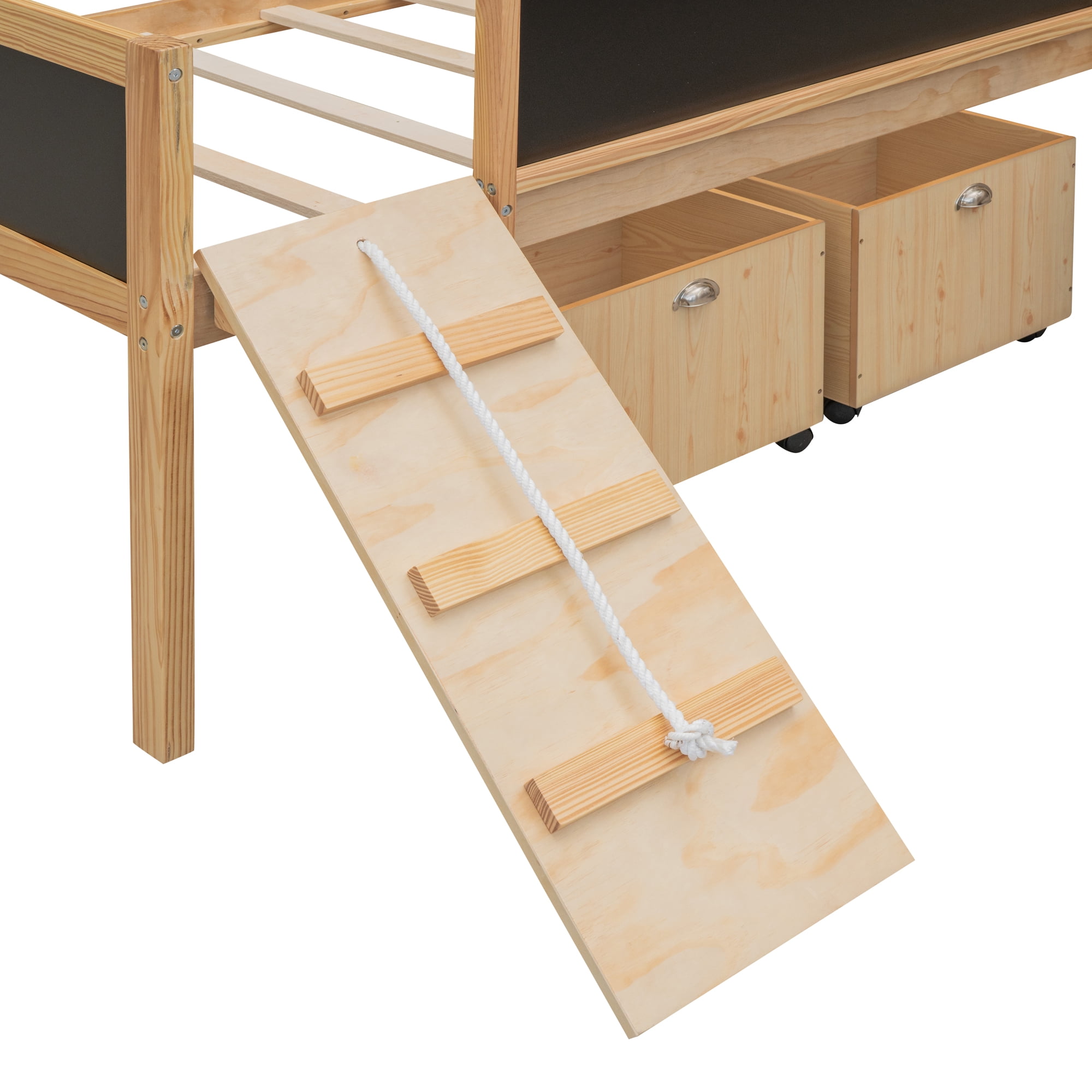 Gewnee Twin Size Wood Loft Bed with Slide,Climbing Frame,Two Movable Drawers and Chalkboard for Kids,Natural