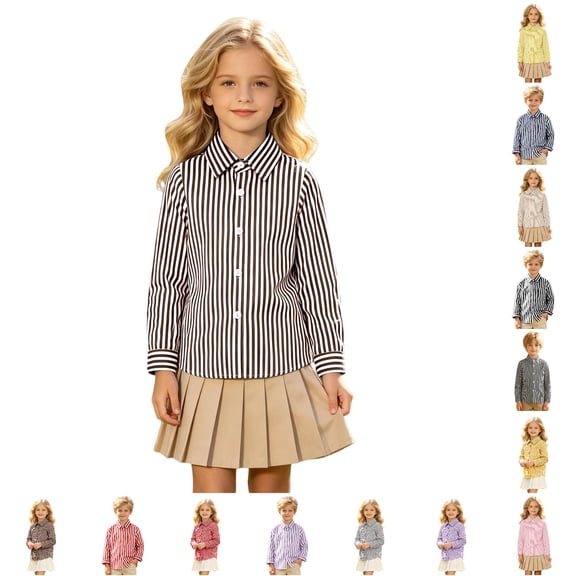 Girls Striped Long Sleeve Shirts Boys Button Down Formal Uniform Collared Shirt with Chest Pocket Spring Fall Clothing 10-11 Years