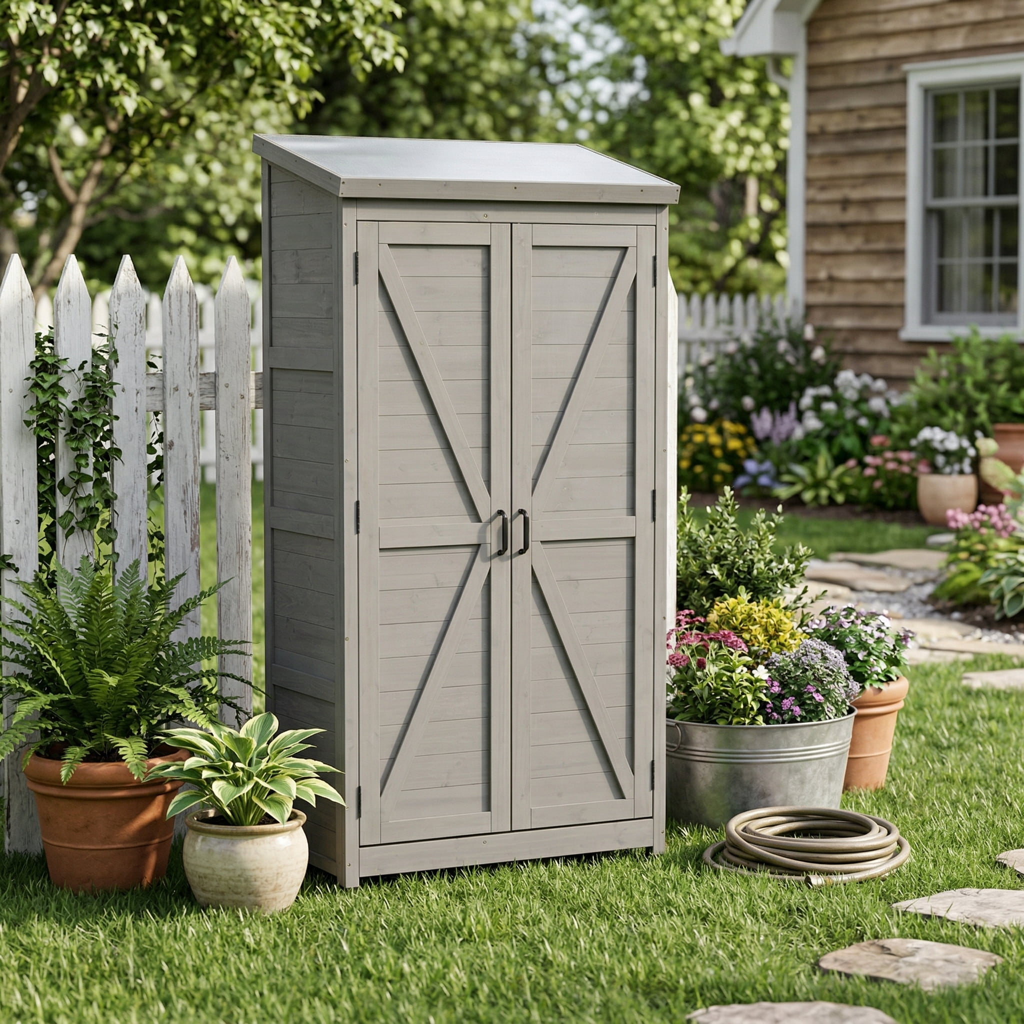 Outdoor Wooden Storage Shed, Metal Top Tall Vertical Tool Cabinet for Backyard Garden Patio Lawn Utility Storage, Grey