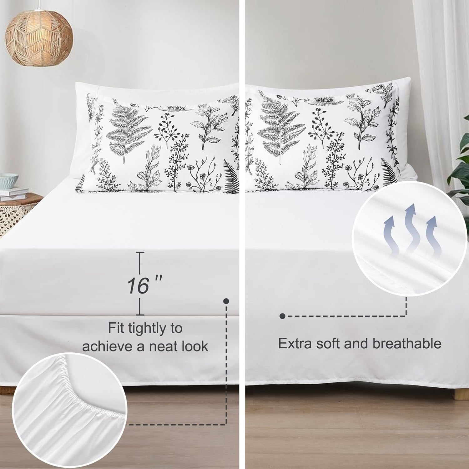 PHF 5 Pieces Printed Twin Comforter Set, Lightweight Reversible Botanical Bedding Set Include Comforter, Pillow Sham, Flat Sheet, Fitted Sheet and Pillowcase, White
