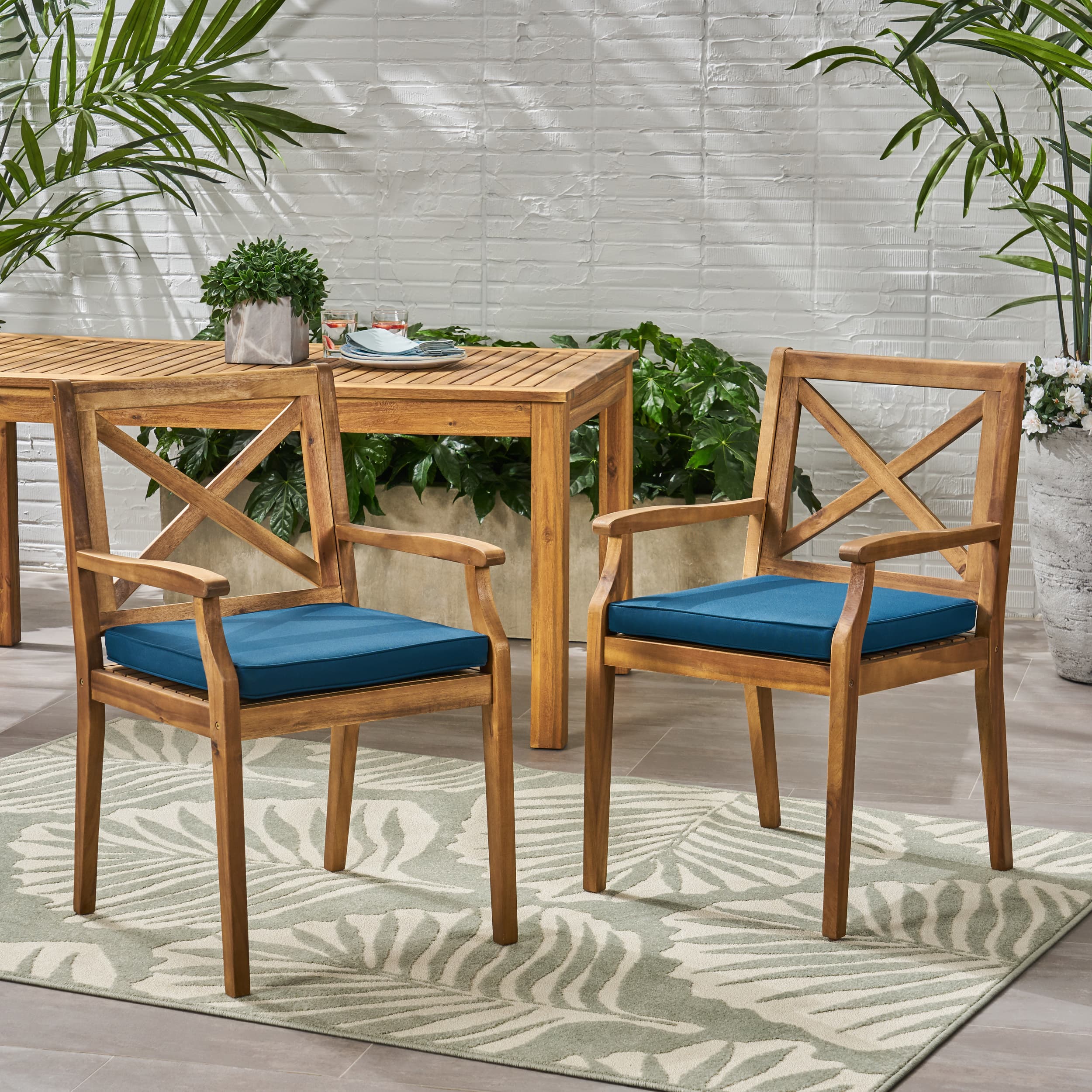 MAYEERTY DINING CHAIR 2PCS with 2 Blue Cushions Outdoor Use for Backyard Poolside Garden