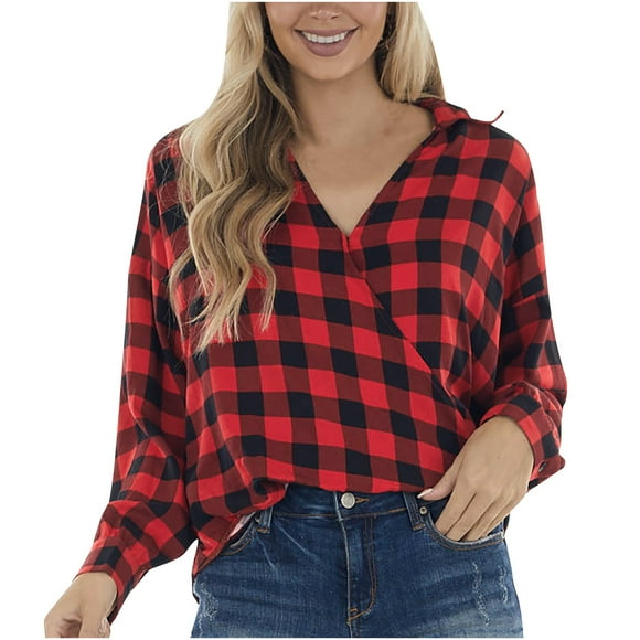 Fridja Women's Casual Fashion Red Plaid Color Matching V-neck Slim Fitting Shirt Top