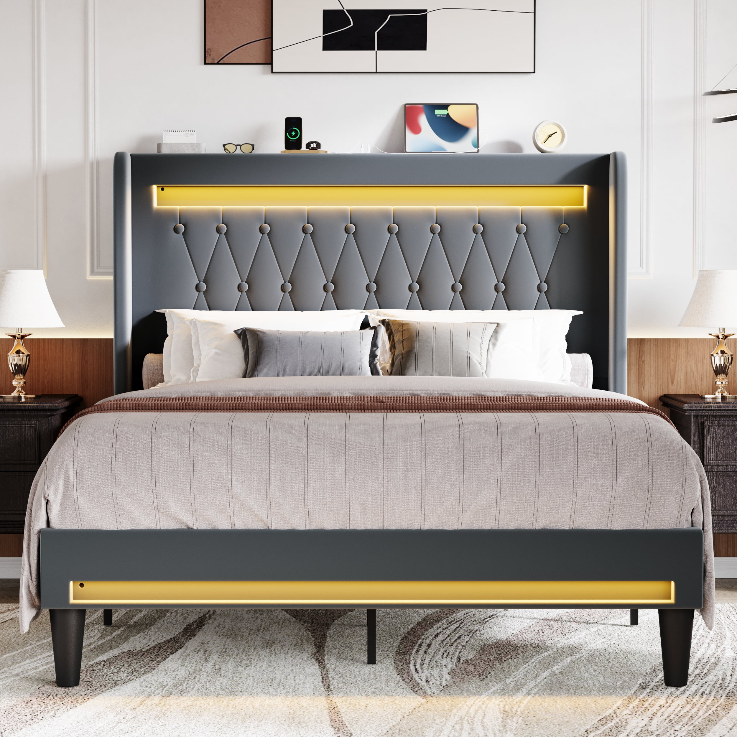 Amolife Queen Size LED Bed Frame, Upholstered Velvet Platfrom Bed with Charging Station, High Wingback Headboard & 2 Lights, No Box Spring Needed, 900 LBS Capacity, Gray