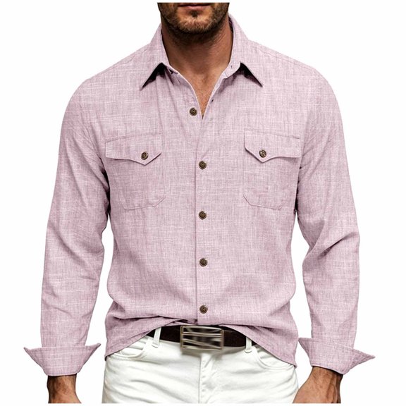UAMVSH Men's Linen Shirts Casual Long Sleeve Button Down Shirt Regular Fit Collared Work Tops with Pockets for Wedding Beach