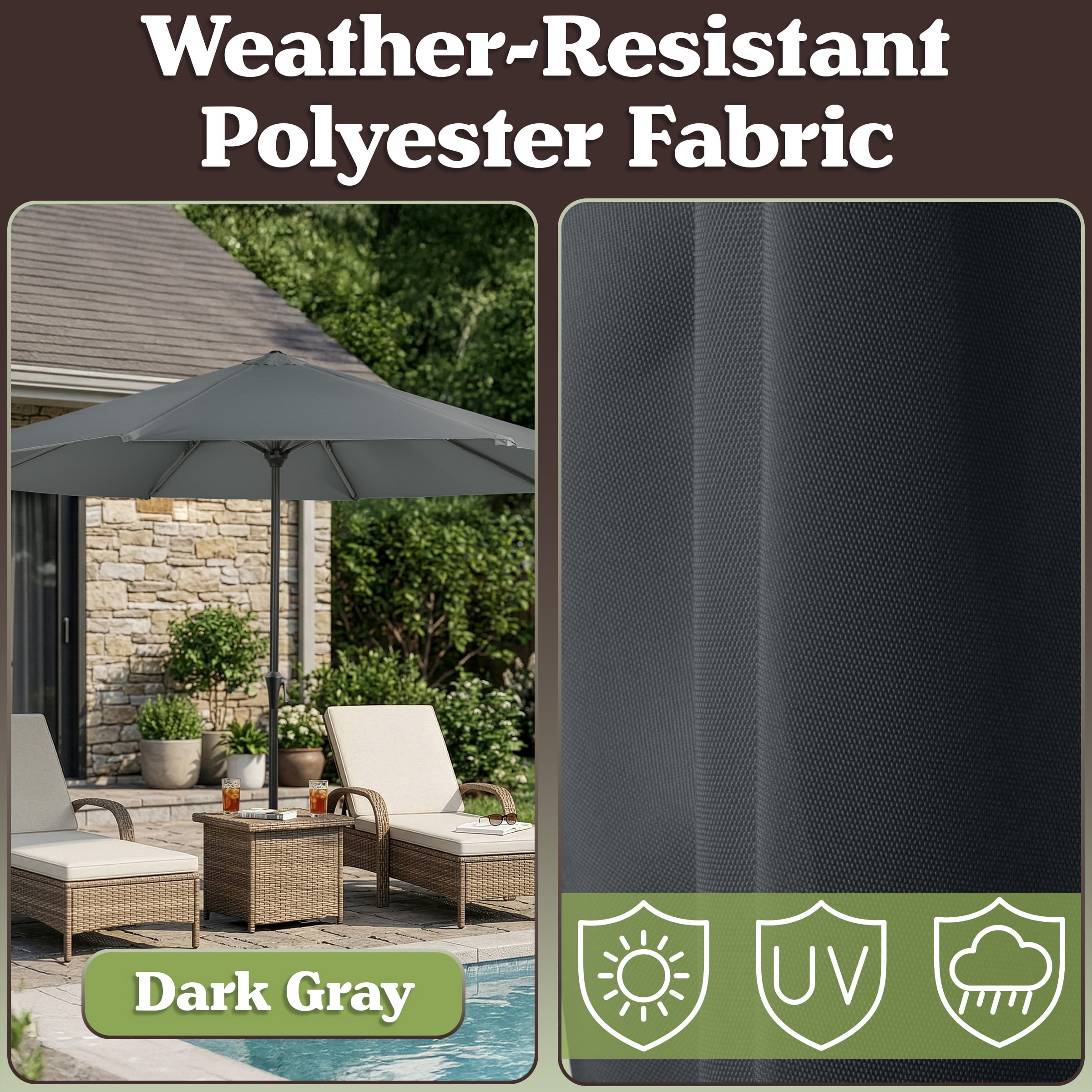 Pure Garden 9FT Outdoor Vented Patio Umbrella with Easy Crank (Gray)