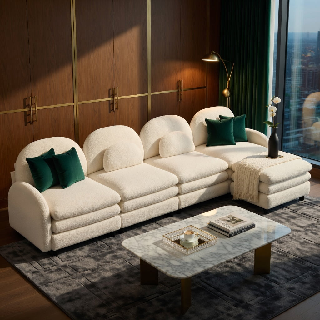 Hommoo Teddy Fleece 4-Seat Modular Sectional Sofa with Curved Backrest, Movable Ottoman & Double-Layer Cloud Cushions, Beige