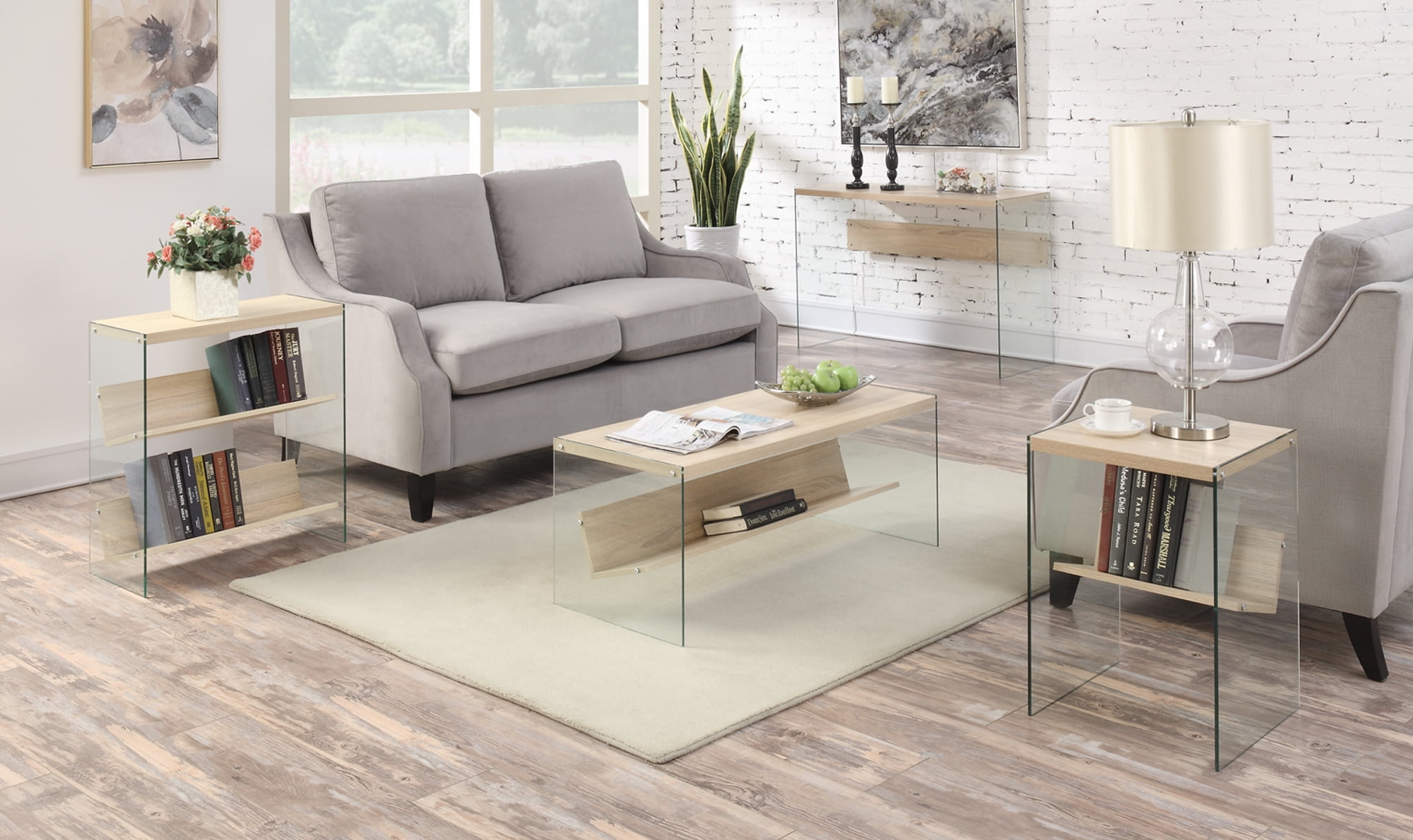 Convenience Concepts SoHo Glass Coffee Table with Shelf, Weathered White/Glass