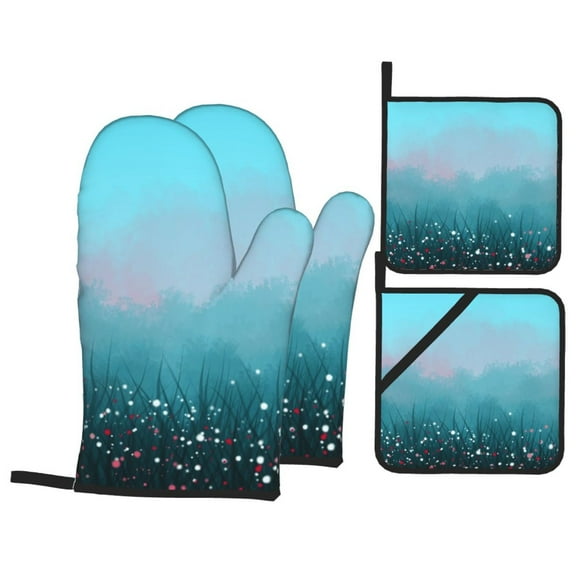 YFYANG Oven Mitts and Pot Holders Sets 4 Pieces, Non-Slip Heat Resistant Blue Watercolor Flowering Bush Kitchen Glove Pot Mat for Cooking and Baking
