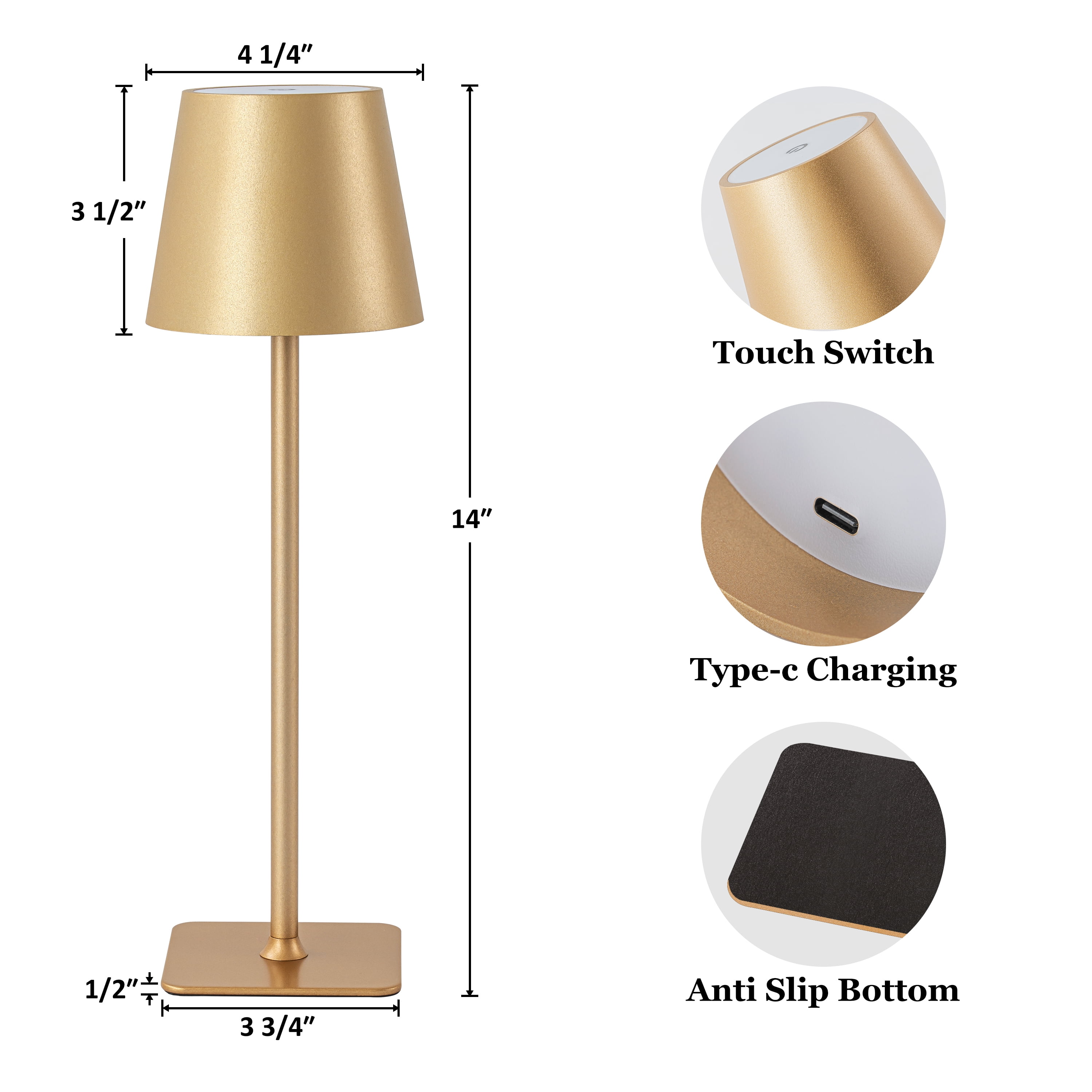 C Cattleya 4-Pack 14" Gold LED Cordless Table Lamp, 3CCT Dimmable Portable Desk Lamps