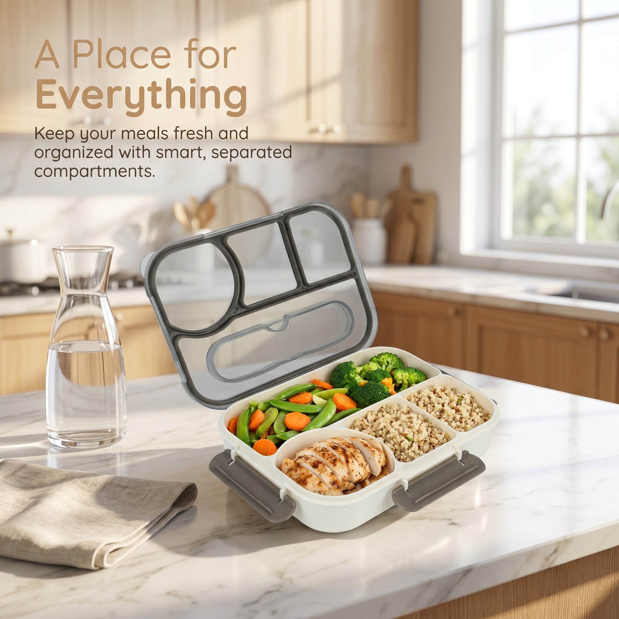 Unique Bargains Bento Lunch Box with Built-in Cutlery Slot for Work Travel Gray-2