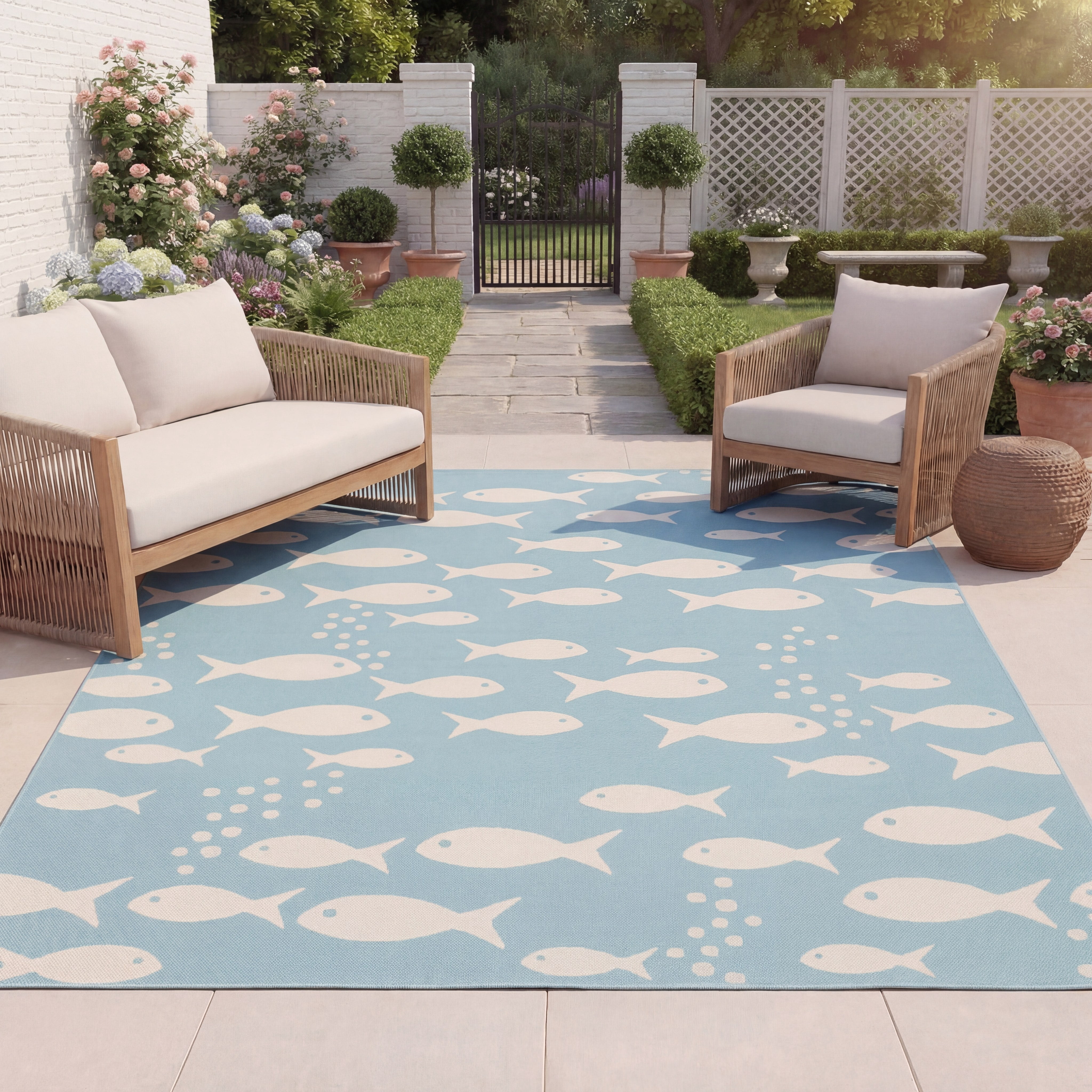 SAFAVIEH Courtyard Trena Fishes Indoor/Outdoor Area Rug, Aqua/Beige, 8' x 11'