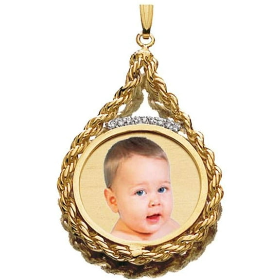 Picturesongold.Com Roped Round W/9 Diamonds Photo Engraved Pendant - 1-1/8 inch x 2 inches - Solid 14K Yellow Gold