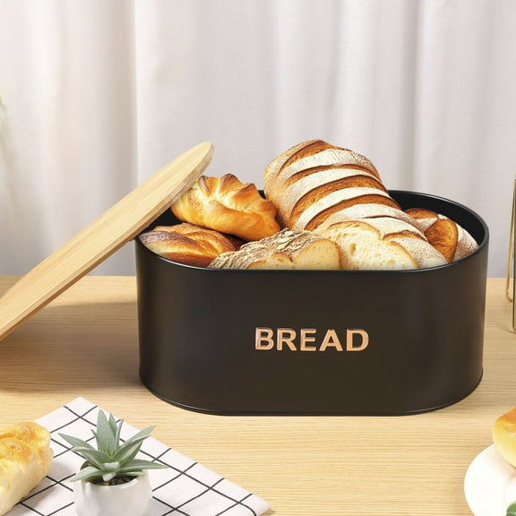 Ikoopy Metal Bread Box Iron Bread Storage Container with Bamboo Lid Kitchen Countertop Storage Bin Space Saving for Home Kitchen