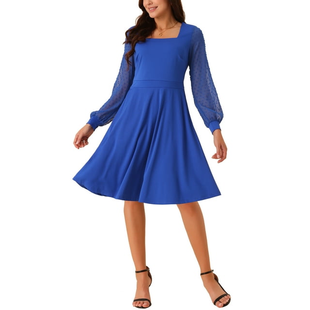 Vestido casual de longitud a la rodilla con cuello cuadrado de manga larga y puntos suizos INSPIRE CHIC para mujer con bolsillos S azul real