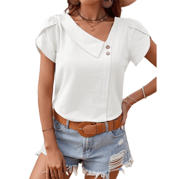 Blusas de para Mujer, Blusas Informales con Cuello para Negocios, Blusas con Mangas Abullonadas, Ropa de Trabajo Holgada de Verano. XL