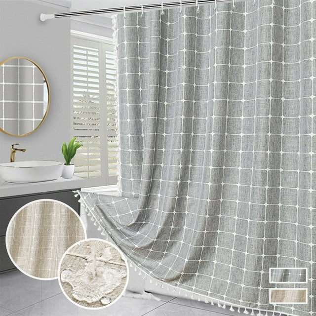 Shower Curtain, Bohemian Farmside Striped Linen Shower Curtain Set With Tassel, Water Repellent Vintage Countries Cloth, Bohemian Heavy Duty, Bohemian Vintage, Countries Decor, Linen Fabric,
