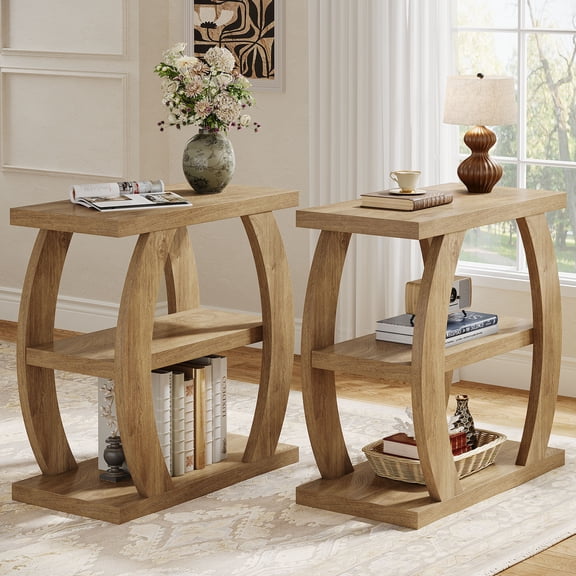 Finmind  3 -Tier Narrow End Table Set of 2, 23.62.Inch Side Table with Storage and Geometric Frame for Living Room, Tall Nightstand for Bedroom, Small Spaces, Rustic Brown