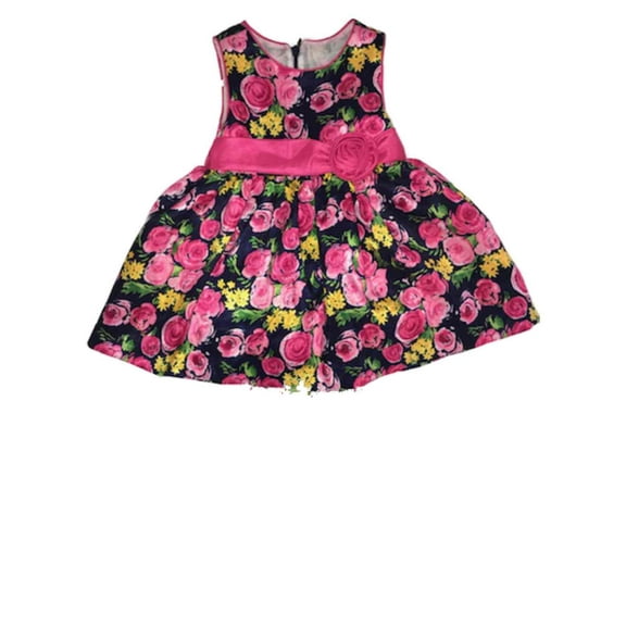 Infant & Toddler Girls Navy Blue & Pink Roses Tea Length Formal Baby Dress 18M