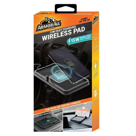Armor All 15W Fast Car Charger Qi-Enabled Wireless Charging Pad with Universal Phone Stand, Black