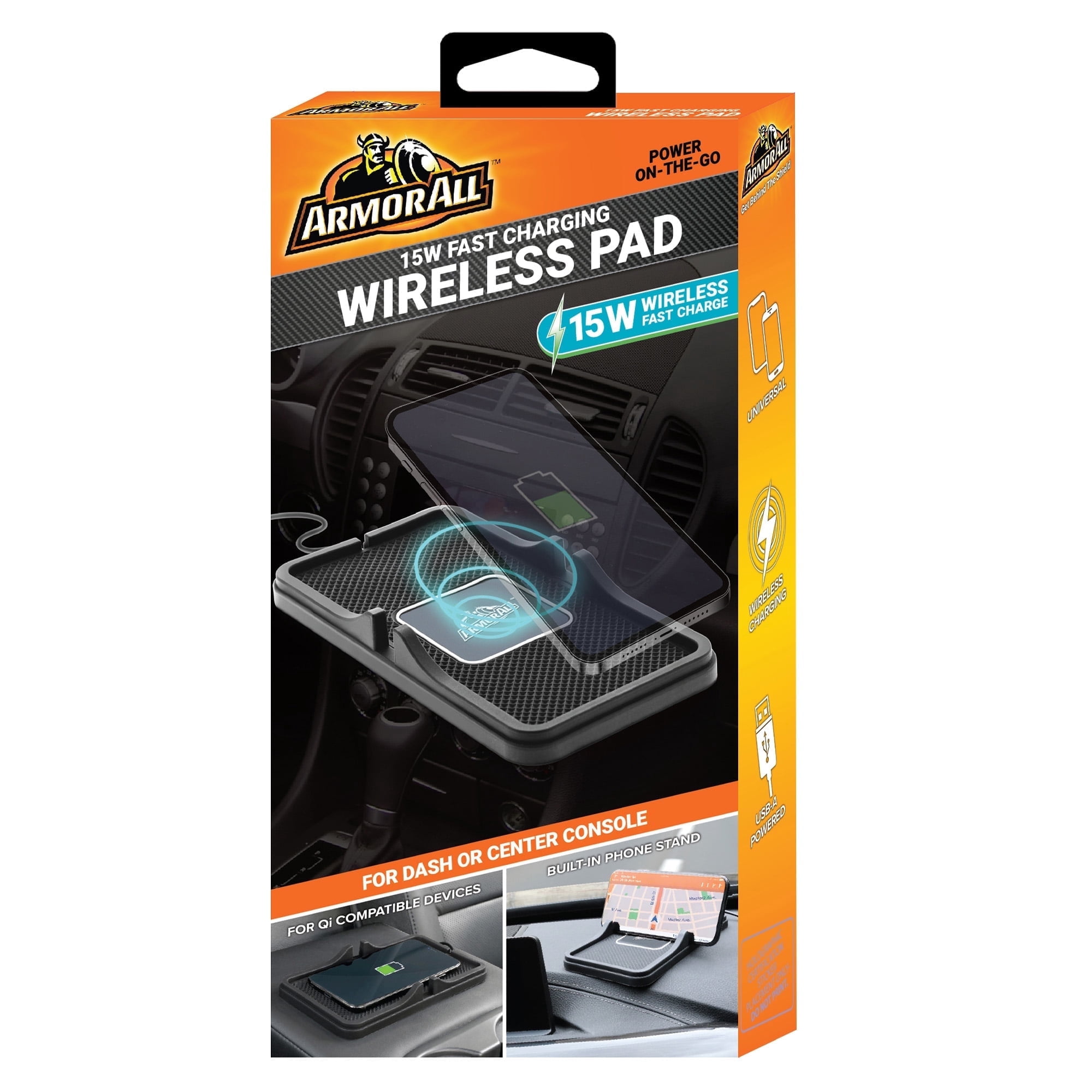 Armor All 15W Fast Car Charger Qi-Enabled Wireless Charging Pad with Universal Phone Stand, Black