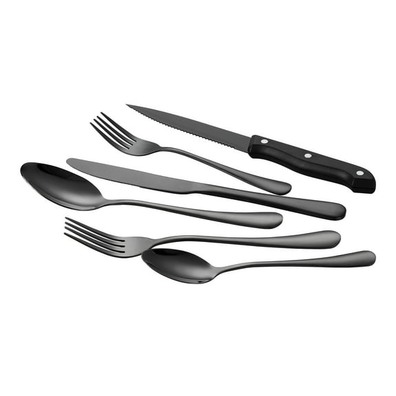 KFFKFF 48-Piece Black Silverware Set with Steak Knives, Stainless Steel Flatware Utensils for 8, Polished Cutlery Set, Dishwasher Safe Tableware for Kitchen and Home, Service for 8