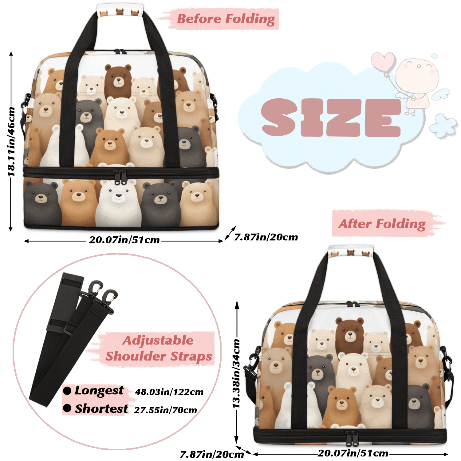 Herdesigns Bear Cute Foldable Travel Duffel Bag with Shoe Compartment, Weekend Overnight Carry On Bags for Men Women, Large Sports Gym Luggage