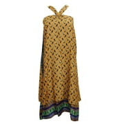 Mogul  Womens Wrap Around Skirt Yellow Silk Sari Reversible Printed  Beach Cover Up Dress