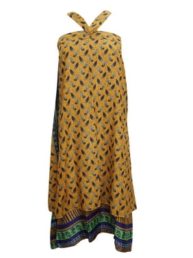 Mogul  Womens Wrap Around Skirt Yellow Silk Sari Reversible Printed  Beach Cover Up Dress