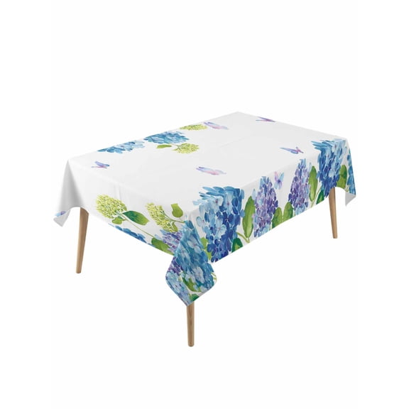 Blue Hydrangea Table Cloth, Waterproof Tablecloth for Rectangle Tables, Farmhouse Butterfly Spring Floral Reusable Washable Fabric Table Cover for Restaurant Kitchen Dining Tables 60"x120"