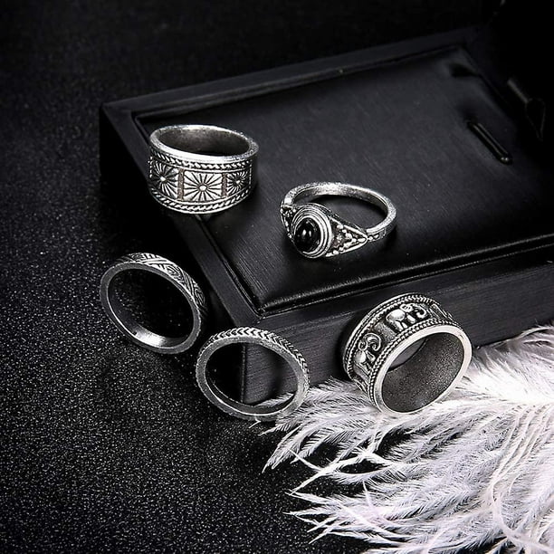 Conjunto de anillos de plata con estilo informal vintage para mujer anillo de onix negro con elefante regalo para ella regalo para ninas y adolescentes anillos de joyeria tamano 4 5 6