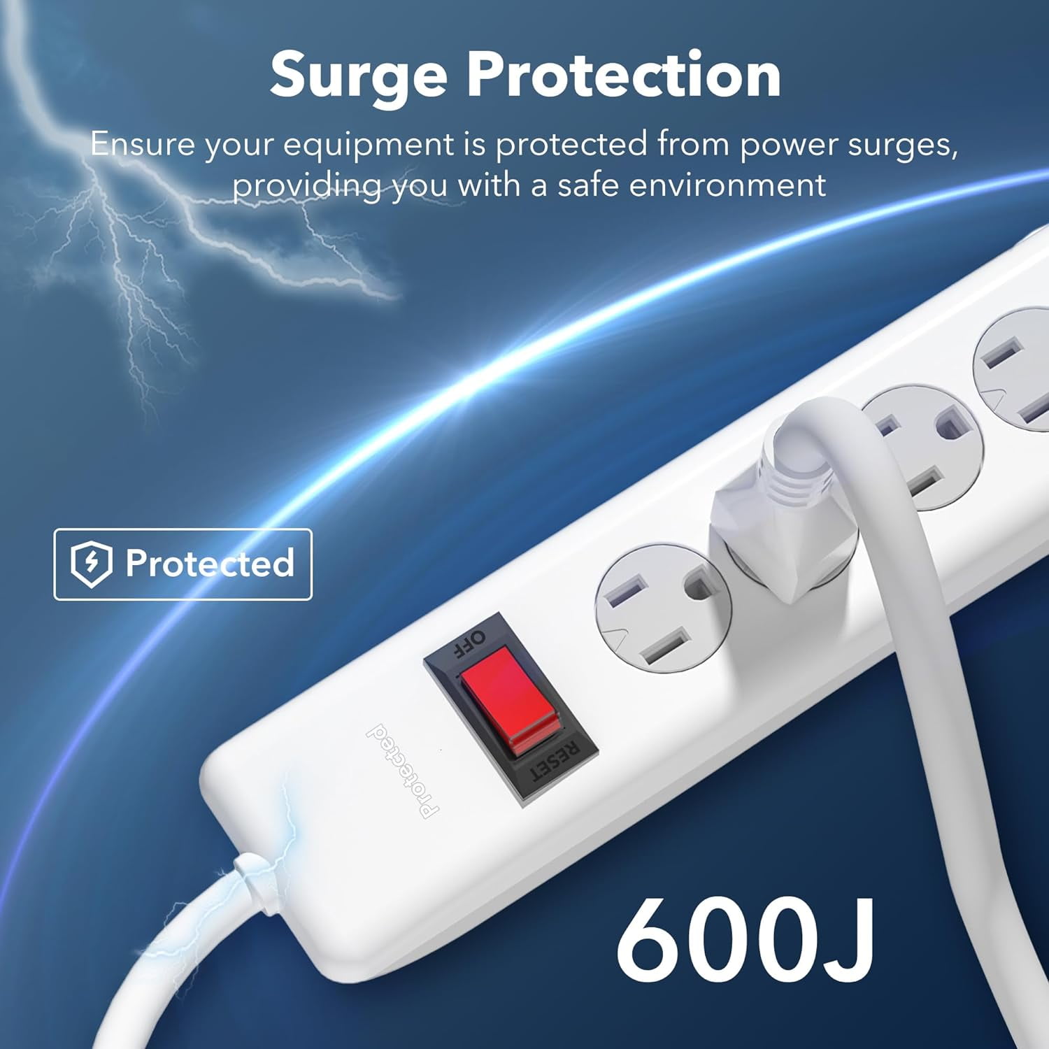 BN-LINK 6-Outlet Power Strip Surge Protector 2-Pack, 10-Foot Extension Cord, 600 Joules, Twist-to-Close Safety Covers, 90 Degree Flat Plug, Overload Protection, White