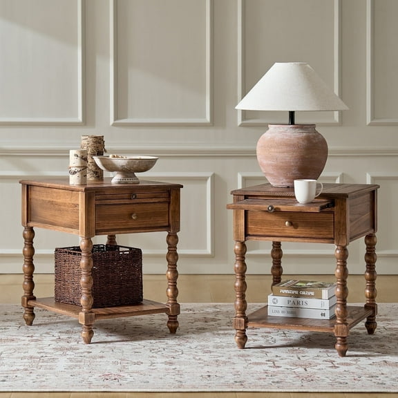 26" Modern End Table Solid Wood Set of 2 with Drawer and Charging Station for Living Room Walnut