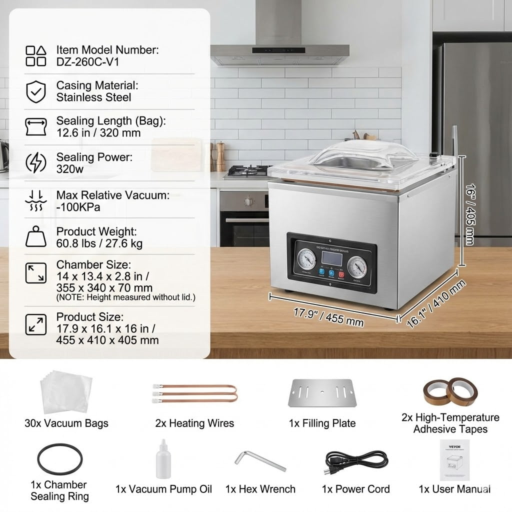 Chamber Vacuum Sealer 320W Power Compact Size 12.6 in Sealing Length Machine