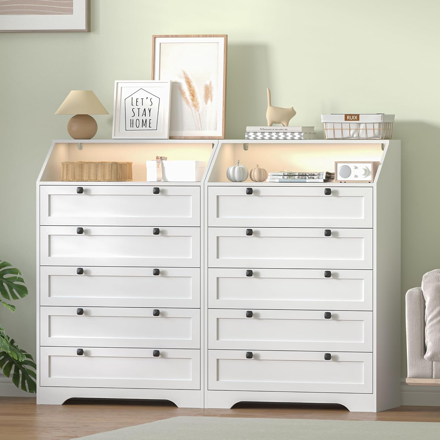 FANRAL 5 Drawers Dresser for Bedroom,Tall Dresser Modern Chest of Drawers with LED Open Shelf,Wood Closet Clothes Organizer Storage Cabinet,White Dresser