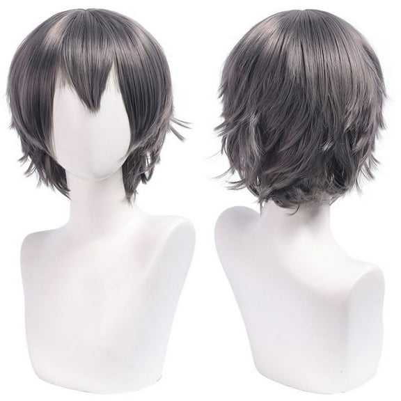 XmhyTop Unisex Short Anime-Style Cosplay Wig, Fluffy Layered Heat-Resistant Synthetic Hair, with Bangs, Ideal for Costume Parties, Prom & Themed Events，Dark Grey to White