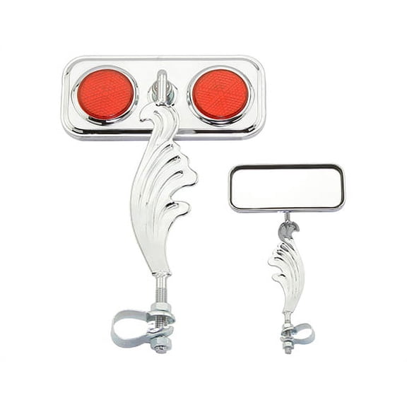 Chrome Rectangle Wing Bike Mirror Left with Red Reflectors. Bike mirror, bicycle mirror, bike accessory, bicycle accessory.