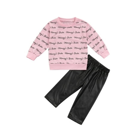 

Seyurigaoka Letter Print Long Sleeve Sweatshirt + Solid Color Leather Pants