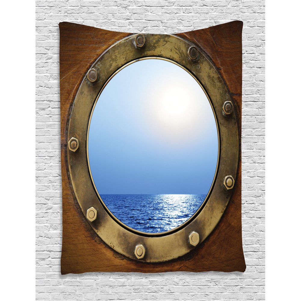 Ship Tapestry, Port Ship Window Themed Design Looking at Ocean Nautical
