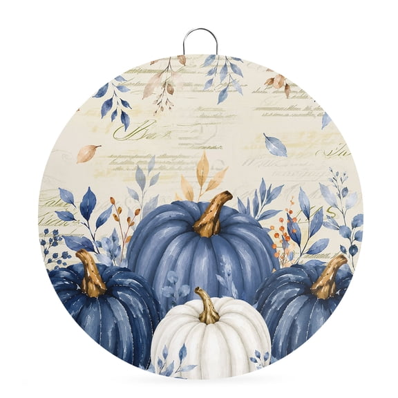 Welcome Sign Front Door Decorations, Blue White Pumpkin Fall Round Wall Art Outdoor Metal Wreaths, Thanksgiving Eucalyptus Vintage Seasonal Hanging Sign for Home Porch Decor Warming Gift 8 In