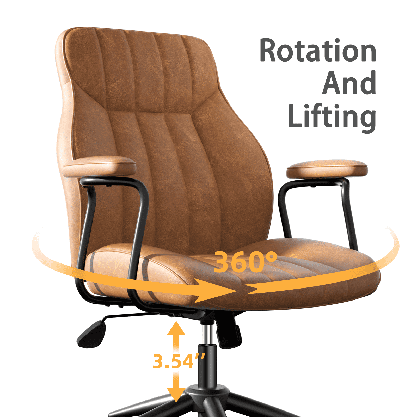 Genpo Brown Leather Office Desk Chair with Wheels and Arms, Height Adjustable, Vintage, Mid Century Modern Style
