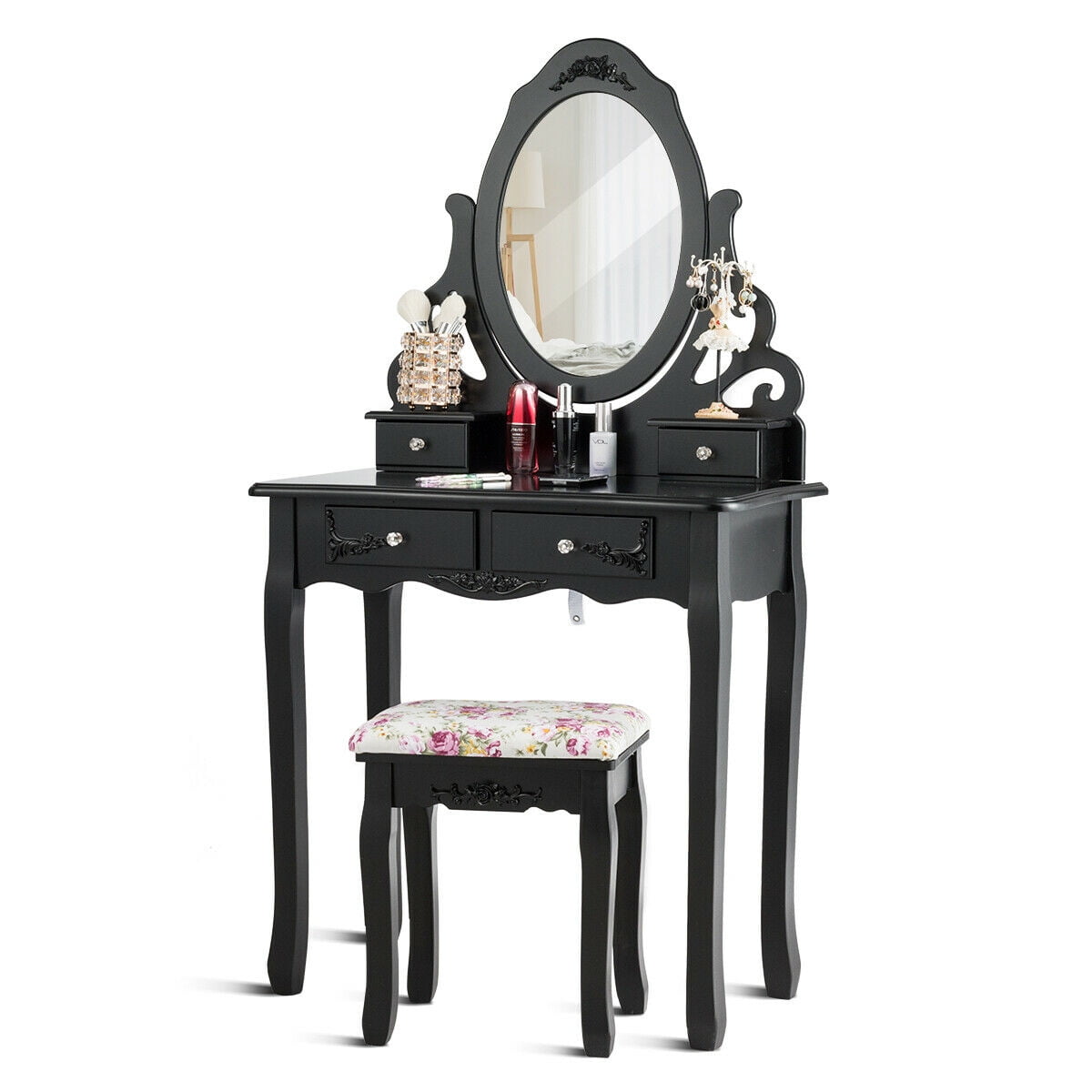 Gymax Vanity Makeup Dressing Table Stool Set W Mirror 4 Drawers Rose Cushion Black Walmart Canada