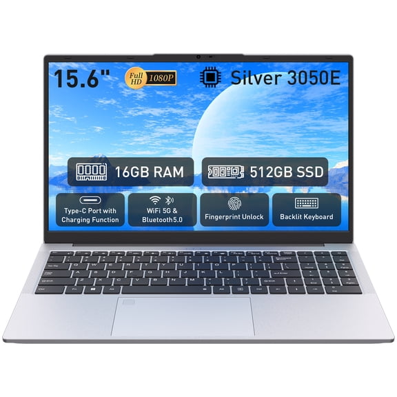 Pryloxen 15.6" FHD IPS Laptop, AMD 3050e, 16GB RAM 512GB SSD, Fingerprint| Backlit Keyboard, Full-TYPE-C, HDMI, USB 3.0&2.0,for Work/Study/Daily Use