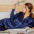 thumbnail image 3 of Liacowi Liacowi Women Fashion Smooth Comfort Solid Button Top Pants Silk Satin Sleepwear Set Home Pajamas, 3 of 4