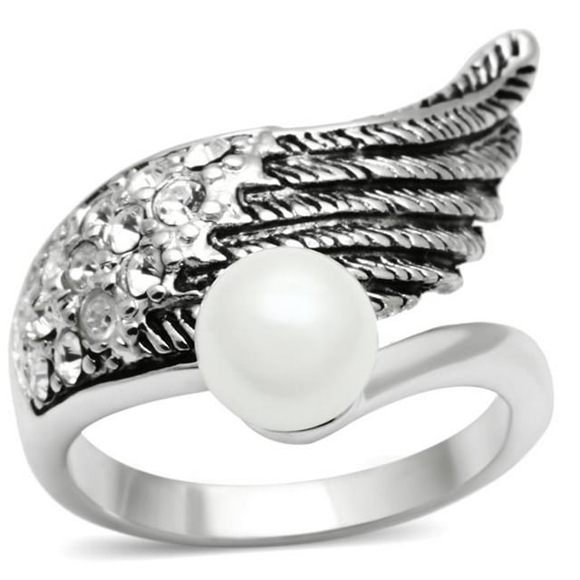 Alamode 3W191-9 Women Rhodium Brass Ring with Synthetic in White - Size 9