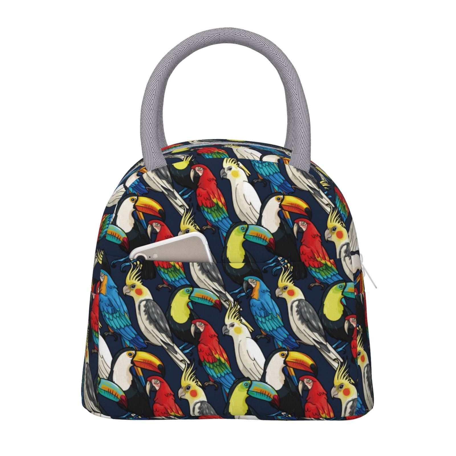 Horeoi Parrot Pattern Large Insulated Lunch Bag for Work, School, Picnic - Waterproof, Durable Oxford Cloth, Comfortable Handle-Light Grey